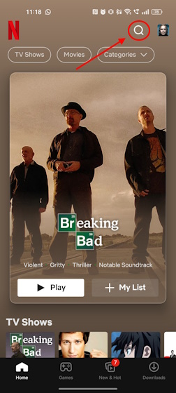 Android および iOS 用の Netflix アプリの検索アイコン。