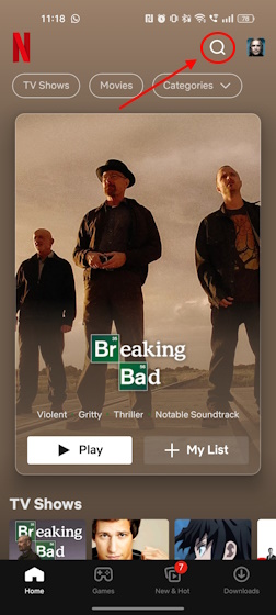 Search icon in Netflix app for Android and iOS
