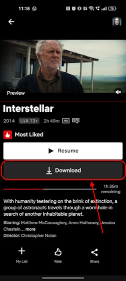 Download button on Netflix app for Android and iOS