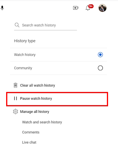 Pause watch history option on PC