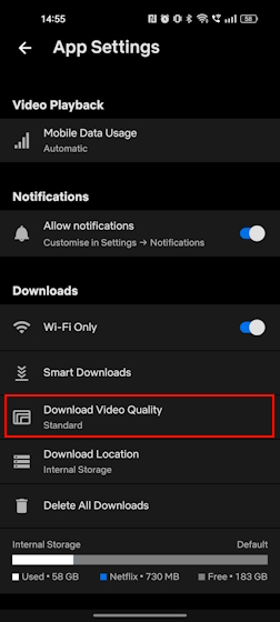 Download Video Quality sub-section on Netflix Mobile
