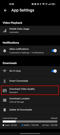 Download Video Quality Sub-Section On Netflix Mobile