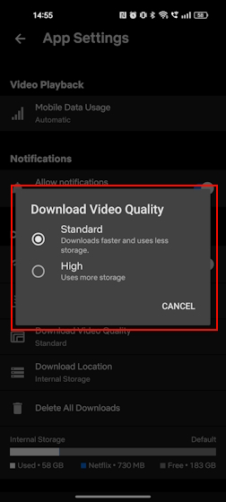 Standard and High download quality settings on Netflix Mobile