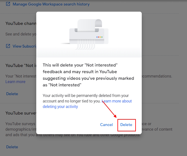 Delete Not interested feedback on YouTube confirmation box