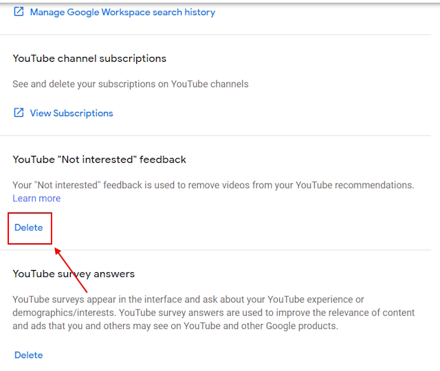Delete YouTube Not interested feedback