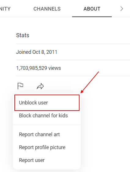 Unblock user option on YouTube desktop version