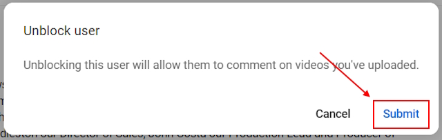 Unblock user dialogue box YouTube web version