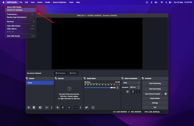 Check For Updates option in OBS Studio for Mac