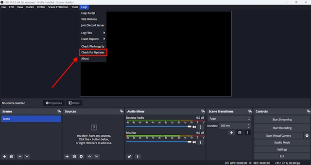 Check for Updates option in OBS Studio for Windows