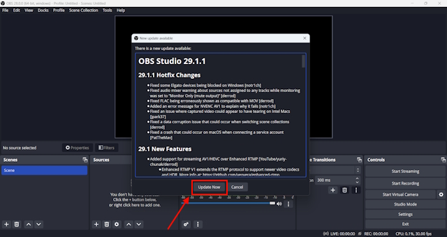 Update Now button on OBS Studio for Windows