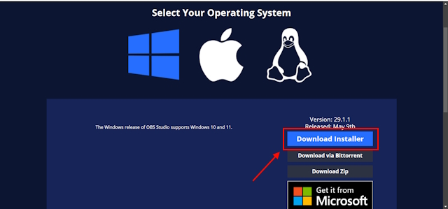 Open Broadcaster Software Download Installer option for Windows and Mac