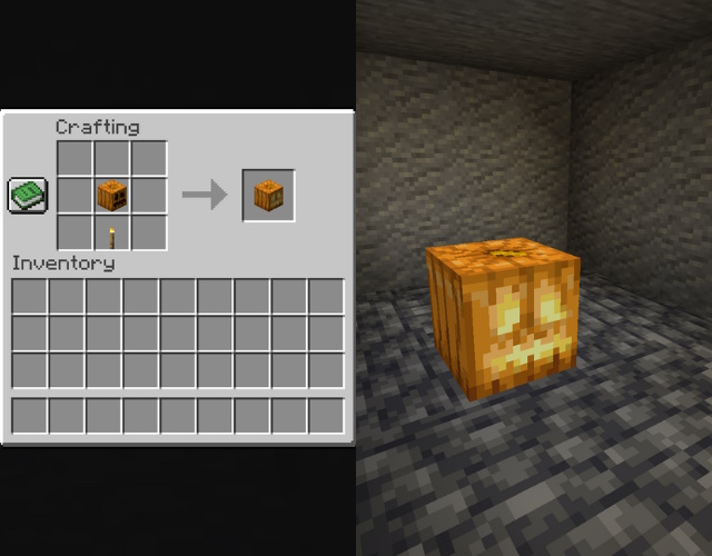 Jack o'Lantern recipe and a Jack o'Lantern, one of the brightest Minecraft light source blocks, in a dark room.