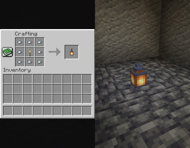 Lantern recipe and a lantern, one of the brightest Minecraft light source blocks, in a dark room.