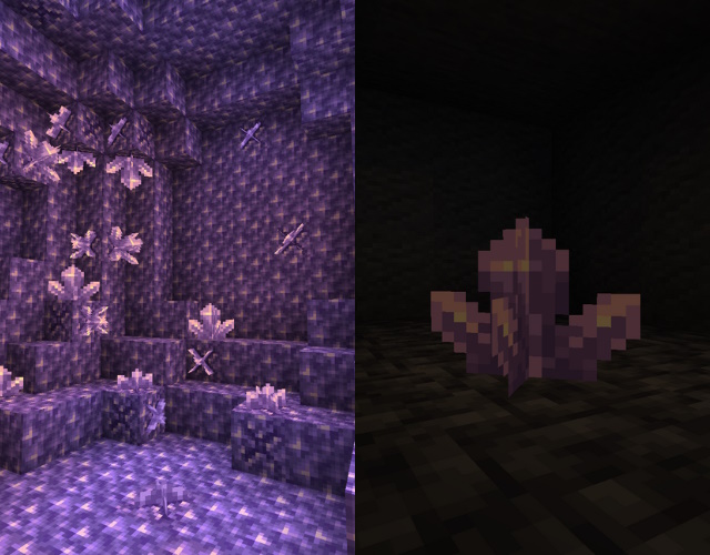 Geode and an amethyst cluster in a dark room.
