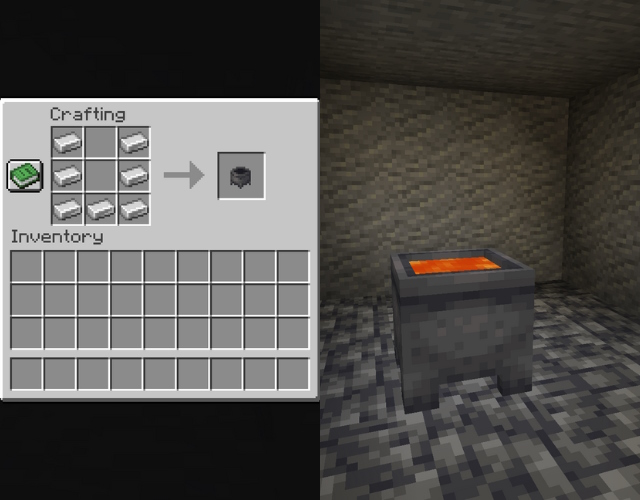 Cauldron recipe and a lava cauldron in a dark room.