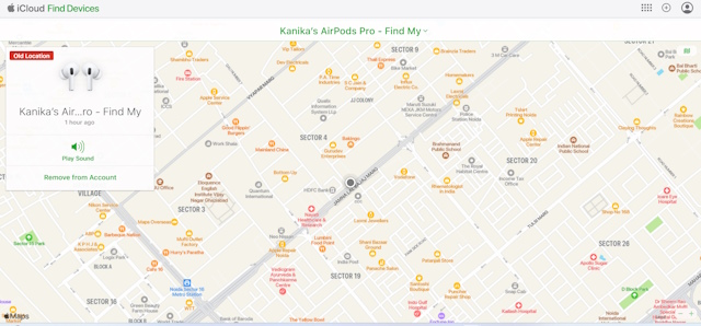 Location of AirPods on iCloud Find Devices