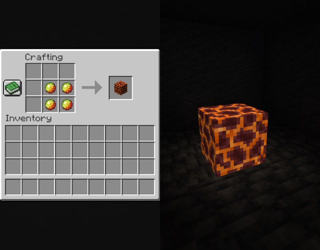 Magma block recipe and a magma block in a dark room.