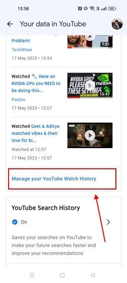 Manage your YouTube Watch History tab on mobile version