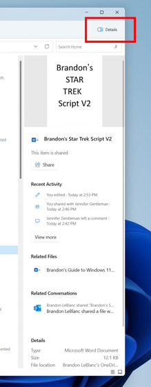 Modernized details pane for the File Explorer app