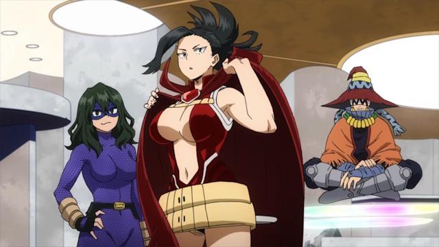 An image of Momo Yaoyorozu with other superheroes.