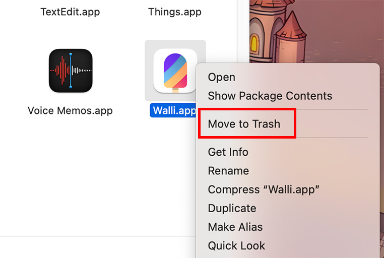 Move to Trash option for the Walli app in the Mac Finder app