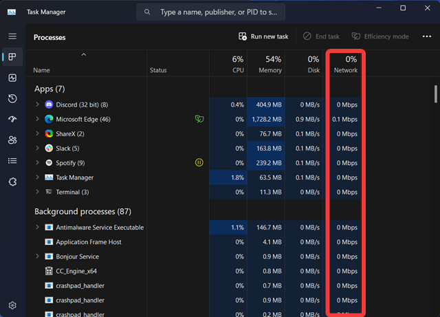 Network usage task manager