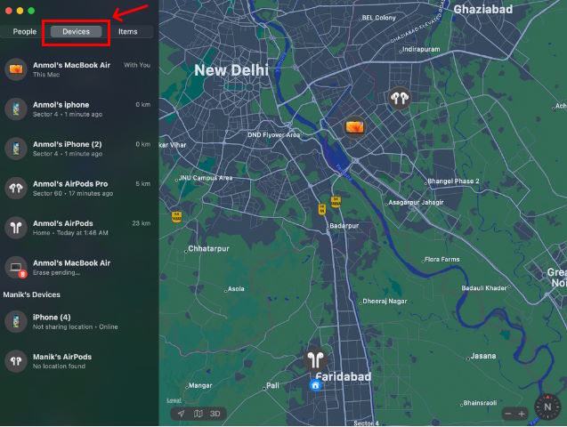 Open Devices in Find My app on Mac