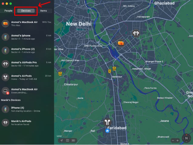 Open Devices in Find My app on Mac