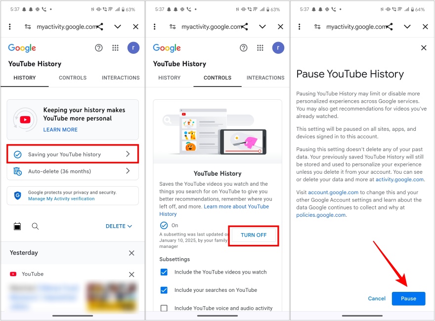 Pause YouTube Watch History on Phone
