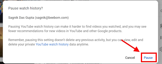 Pause watch history on YouTube web version