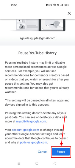 Pause YouTube History confirmation page