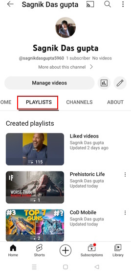 Playlists option on YouTube mobile app