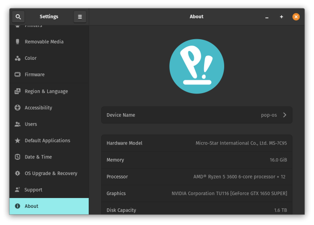 Pop!OS about section - check os version linux