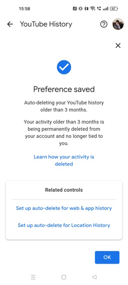 Preference saved dialogue page