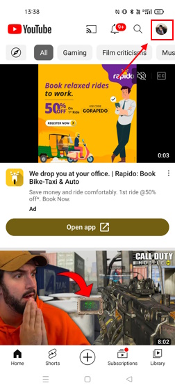 Profile icon option on YouTube mobile app
