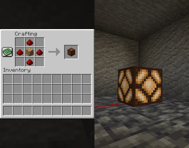 Redstone lamp recipe and an activated redstone lamp, one of the brightest Minecraft light source blocks, in a dark room.