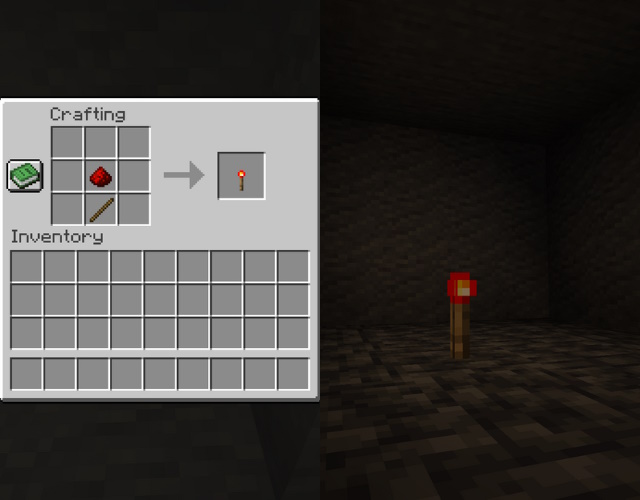 Redstone torch recipe and an activated redstone torch in a dark room.