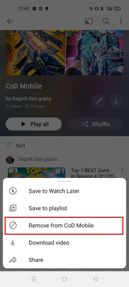 Remove individual video from YouTube playlist on mobile