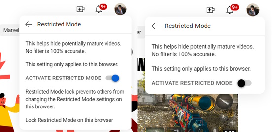 YouTube で制限付きモードをオンまたはオフにします。