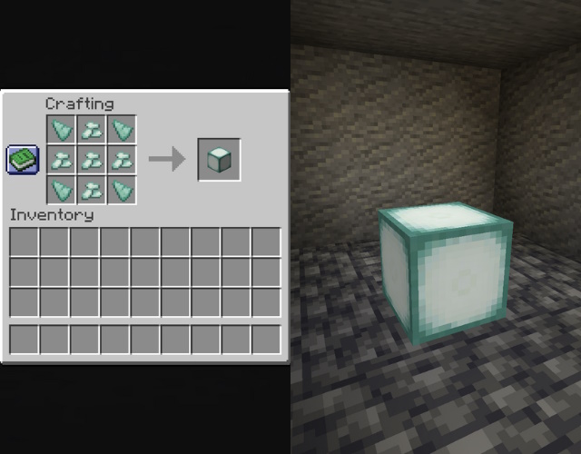 Sea lantern recipe and a sea lantern, one of the brightest light sources in Minecraft