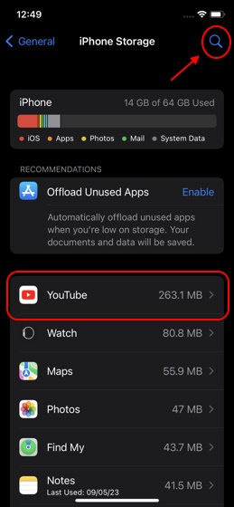 YouTube app iOS storage data