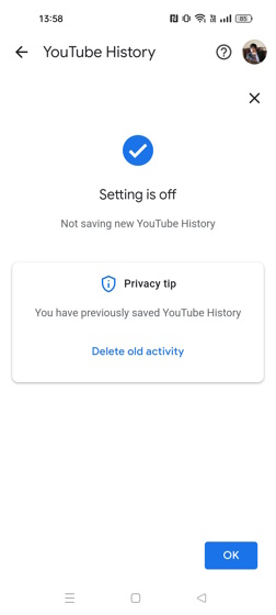YouTube History Saving setting turned off