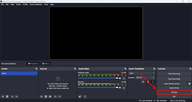 Settings panel in OBS Studio for Windows and Mac