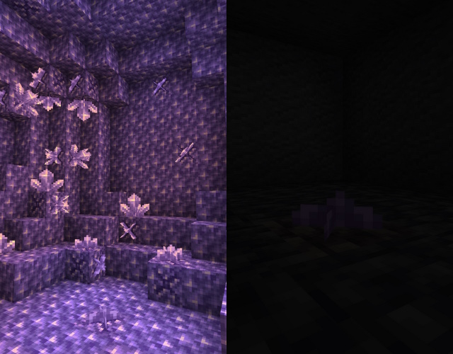 Geode and small amethyst bud, one of the dimmest Minecraft light source blocks, in a dark room.