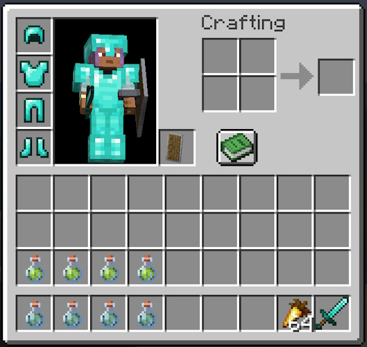 Water breathing and night vision potions, armor, sword and golden carrots in a player inventory.
