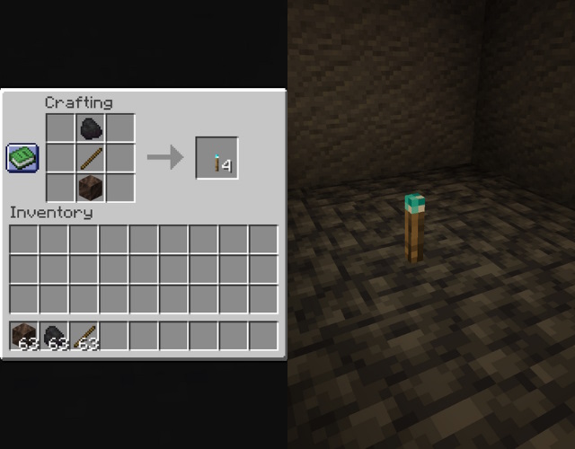 Soul torch recipe and a soul torch in a dark room.