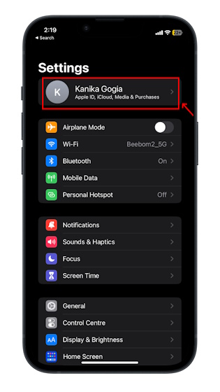 Tap your name in iPhone Settings