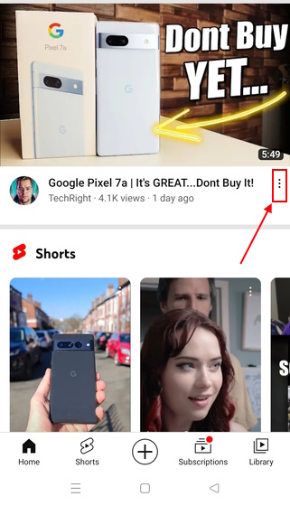 Меню из трех точек рядом с видео на YouTube Mobile