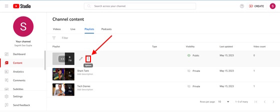 Three-dot menu adjacent to a playlist on YouTube Studio