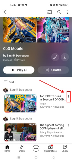 Three-dot menu option on YouTube mobile version